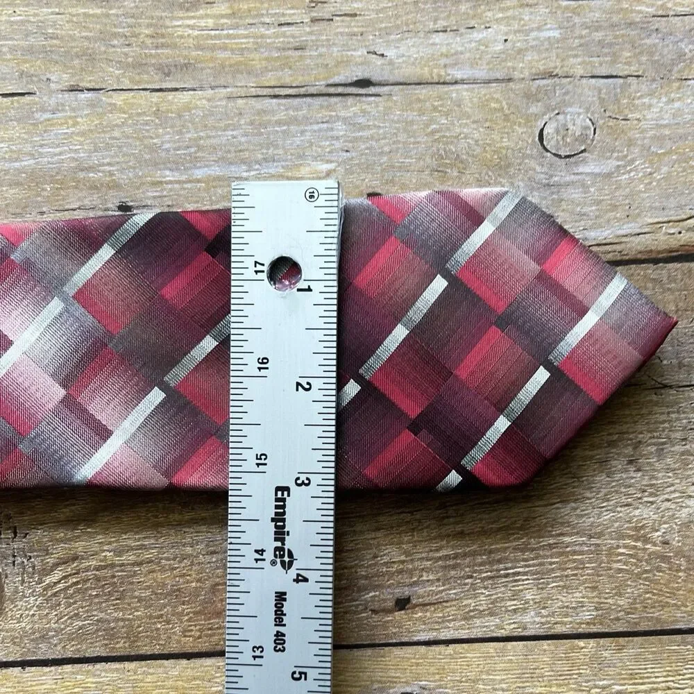 Pierre Cardin‎ Mens Geometric Plaid Tie Burgundy Grey Black Tie Chain Accessory